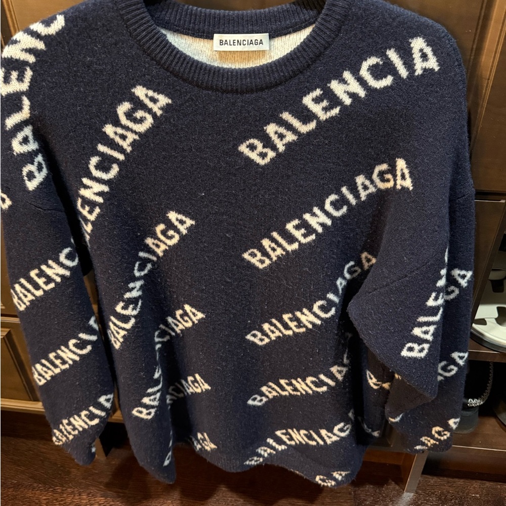 Balenciaga Blue Crew Neck Sweater with All Over Print